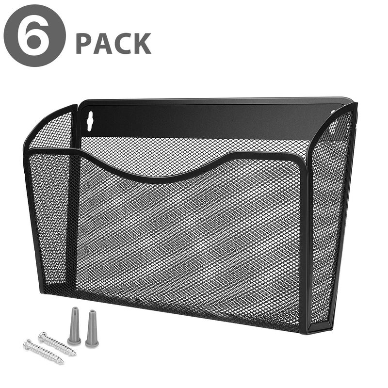 Flexzion Wall Folder File Letter Pocket Holder (6 Pack) Metal Mesh Desk Hanging Basket Box Bin Mail A4 Size Paper Document Organizer, Storage Rack Single Slot Wall Mount for Office School Home - Black - Image 2